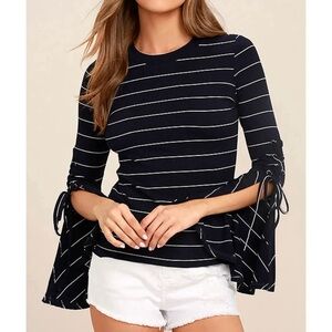 Lulu's Navy and White Striped Lace-Up Bell Sleeve Top